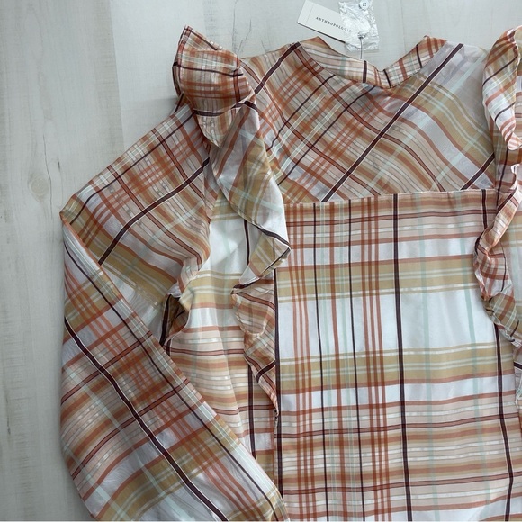 nwt ANTHROPOLOGIE current air ruffle plaid blouse top event work L - Picture 5 of 7